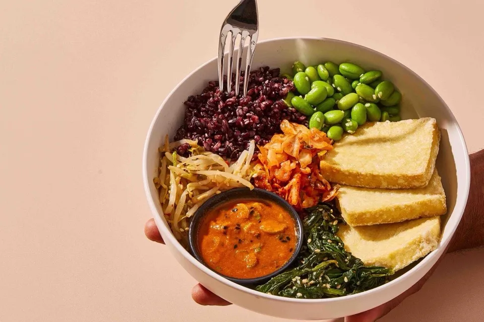 Thistle's Crispy Tofu Bibimbap Hero Meal: crispy tofu, edamame, black rice, kimchi, bean sprouts and sesame greens with a dipping sauce